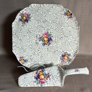 Vintage H&K Tunstall Gold Gilded Chintz Dessert Plate & Lifter - Floral England